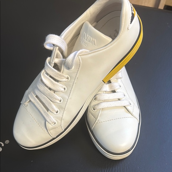 Prada White and Yellow Sneakers Classic Design - Picture 1 of 5
